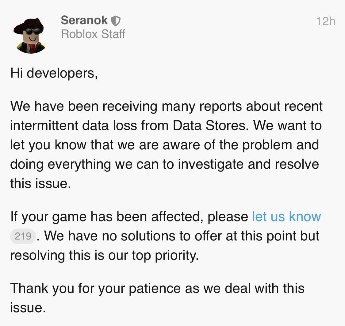 Sam On Twitter To Anyone Who Recently Found That Their Data Did Not Save After Leaving The Game Roblox Has Issued A Public Statement And It Is On Their End Hopefully This - roblox save data