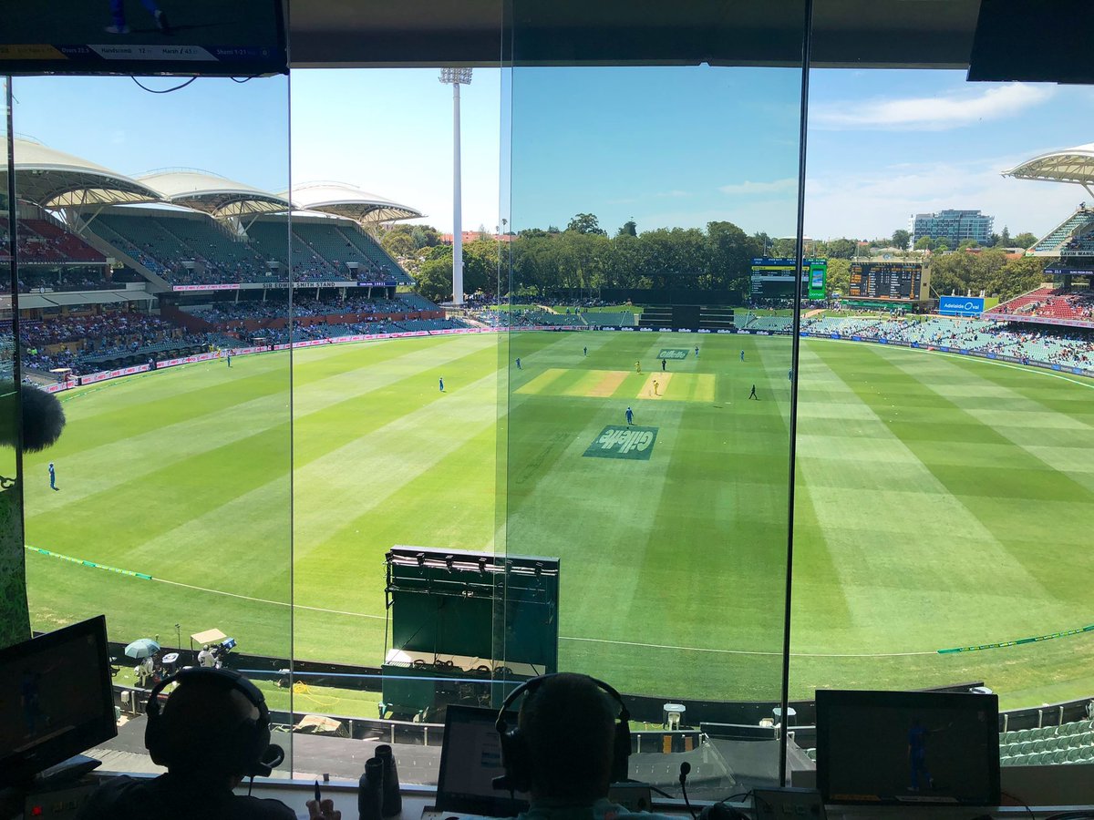 India 132/2 at halfway stage chasing 299. View from the commentary box @TheAdelaideOval. Team including👇 @jimmaxcricket @GibsMoore @CorbinMiddlemas @dizzy259 @nielsen514 @chetannarula 💻 bbc.in/2FspNOE 📱@BBCSport App. #bbccricket #AUSvIND