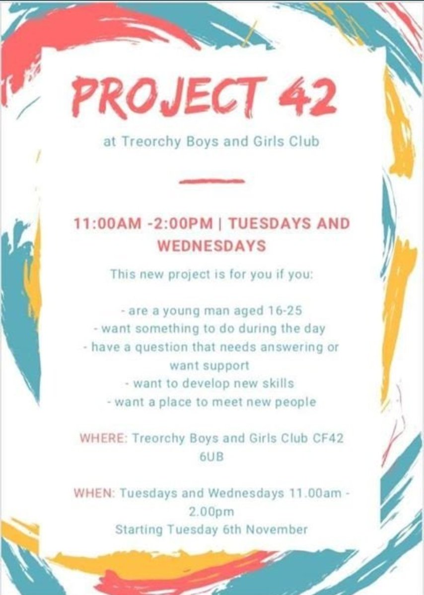 PROJECT 42👦
Treorchy Boys and Girls Club

Are you a young man aged 16-25?

<a href="/Project42BGC/">Project42</a> runs EVERY Tuesday and Wednesday between 11:00am - 2:00pm offering everything from help and guidance to something as simple as a chat.