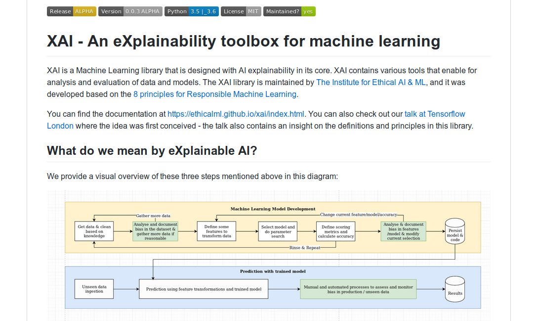 We are extremely excited to announce the launch of #XAI v0.0.4 ALPHA, an open source library developed by The Institute for <a href="/EthicalML/">The Institute for Ethical AI & Machine Learning</a> focused on #AI #explainability. Our plans with XAI are aligned with our #ML Principle #3. Check it out at github.com/EthicalML/XAI