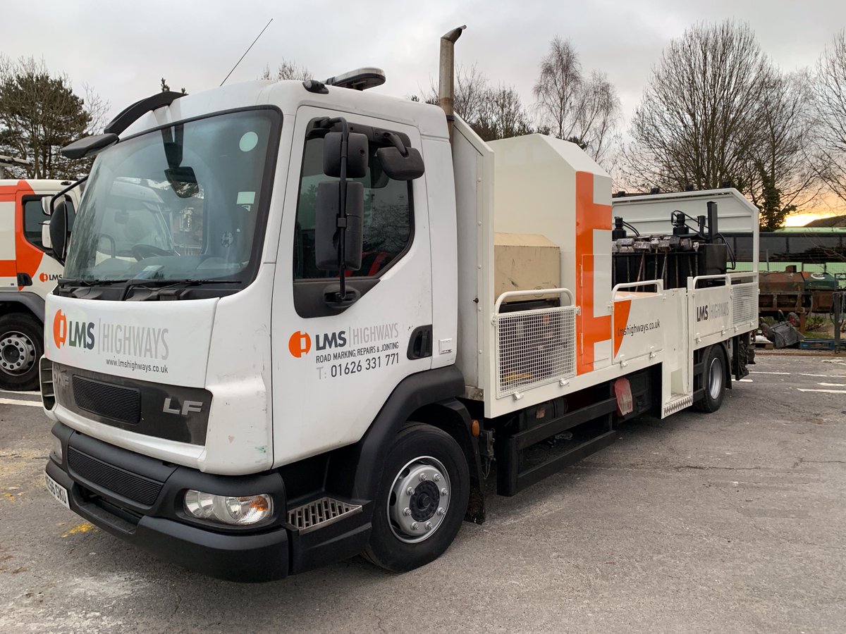 LMSHighways's tweet photo. Liam and his crew looking forward to taking our newly refurbished and resprayed GKU lining truck out today.  Just a short journey today to #Kingsteignton for some #playgroundmarking.  Tweet us a photo if you spot it on the road! https://t.co/sDhlZdHjzG