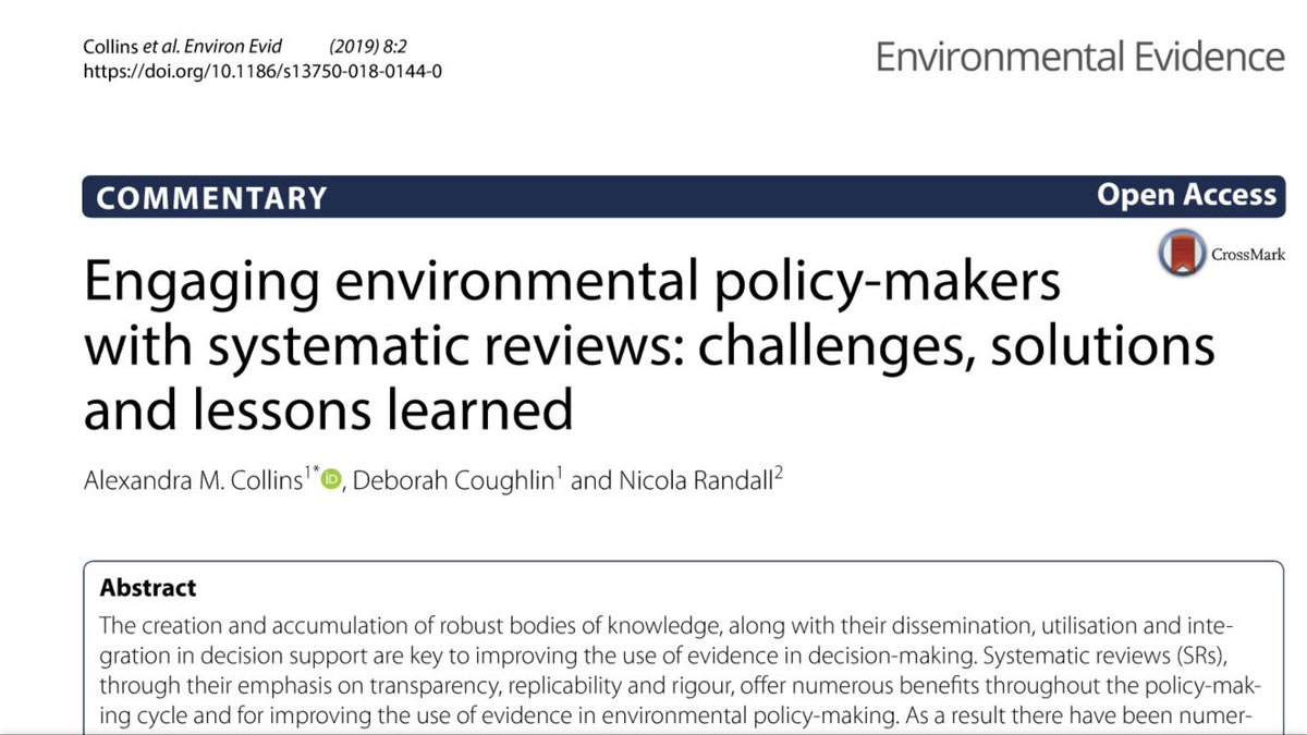 NicolaPRandall's tweet photo. Using #Evidence_Synthesis for policy is increasing but can offer challenges for all involved. Co-production & good communication throughout are key. See our paper https://t.co/jpYDCxEYW9 for lessons learned from working with @DefraGovUK & others. @AlexMaryCollins @EnvEvidence https://t.co/G1Qt9JSc8b