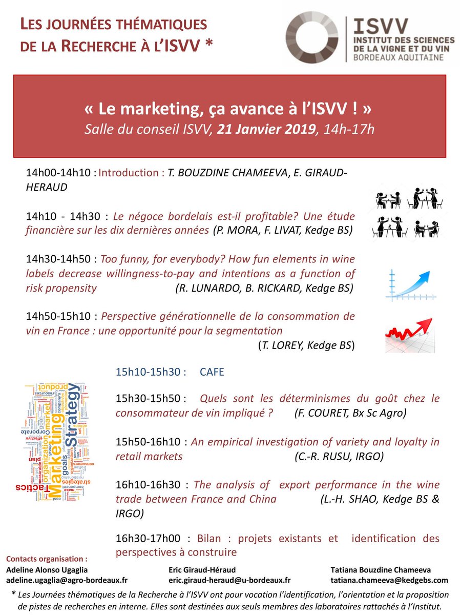 isvv_bordeaux's tweet image. 6ème JOTHÈME de l&apos;@isvv_bordeaux sur les dernières recherches en Marketing du vin le lundi 21 janvier de 14h à 17h en salle du conseil de l&apos;ISVV avec @kedgebsBDX @agrobordeaux et #IRGO