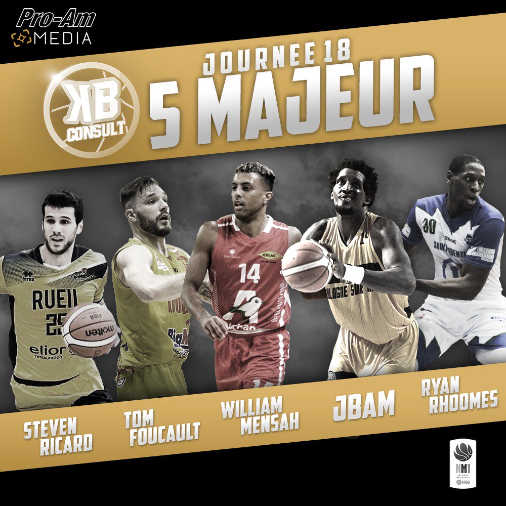 🙌 [KB consult 5 MAJEUR] 🙌 #NM1
<a href="/stevenricard/">Steven Ricard</a>, Tom Foucault, William Mensah , JBAM et Ryan Rhoomes à l'honneur dans cette 1⃣8⃣ème journée! 
#ProAmMedia #Basketball #France #RueilMalmaison #Tarbes #Lourdes #BoulogneSurMer #Sorgues #SaintQuentin
🎨 BIG 3 Design