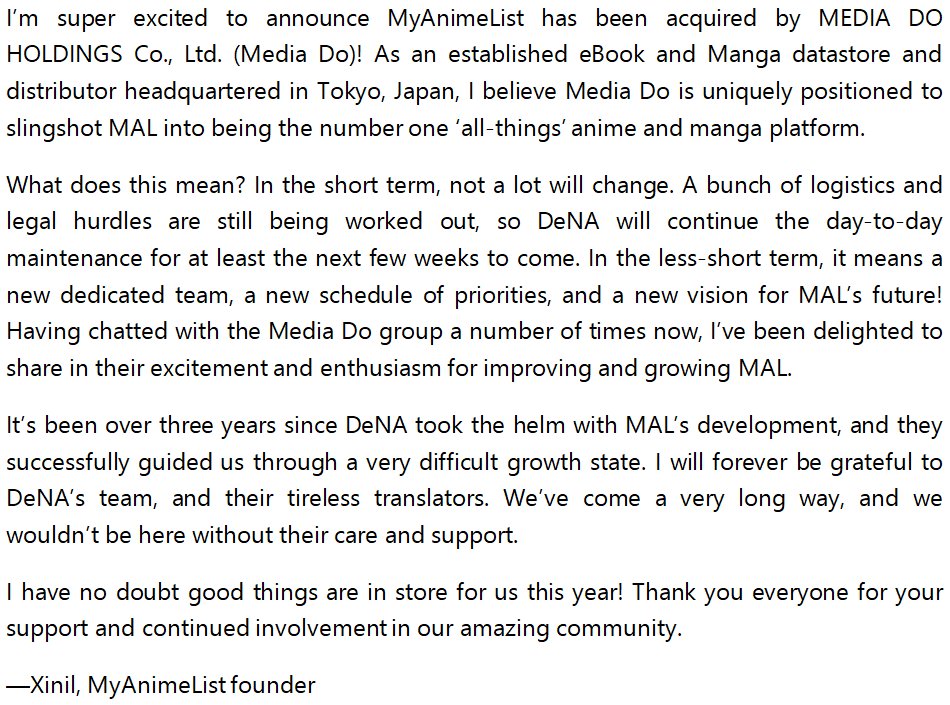 Myanimelist A Twitter Community Message What New Ownership By