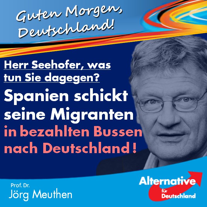 Joerg_Meuthen's tweet photo. Guten Morgen 🇩🇪!
Spanien schickt seine afrikanischen Migranten ohne viel Federlesen in  Reisebussen nach Norden weiter, insbesondere zu uns.
Und zwar in Reisebussen, die nach Informationen der "Welt am Sonntag" von der 🇪🇸 Regierung bezahlt werden!
#AFD
➡️ https://t.co/pcHYnRoGt8 https://t.co/LiHMKBxjYA