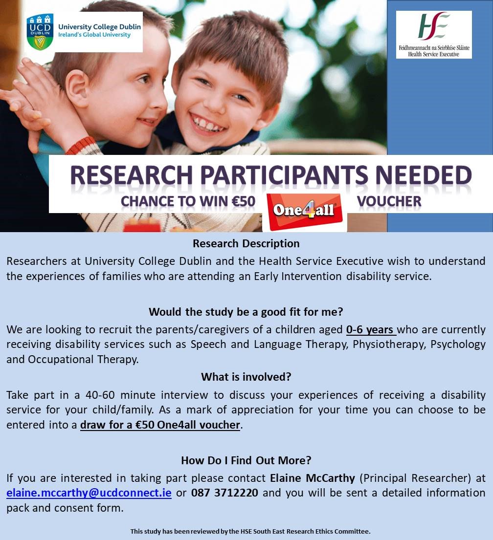 disability_res's tweet photo. Researchers @UCDPsychology wish to explore the experiences of families of children aged 0-6 years attending early intervention disability services with a focus on families living in Tipperary &amp; Waterford. See poster below for more info. #Tipperary #Waterford #Disability https://t.co/iyGA75apQ3
