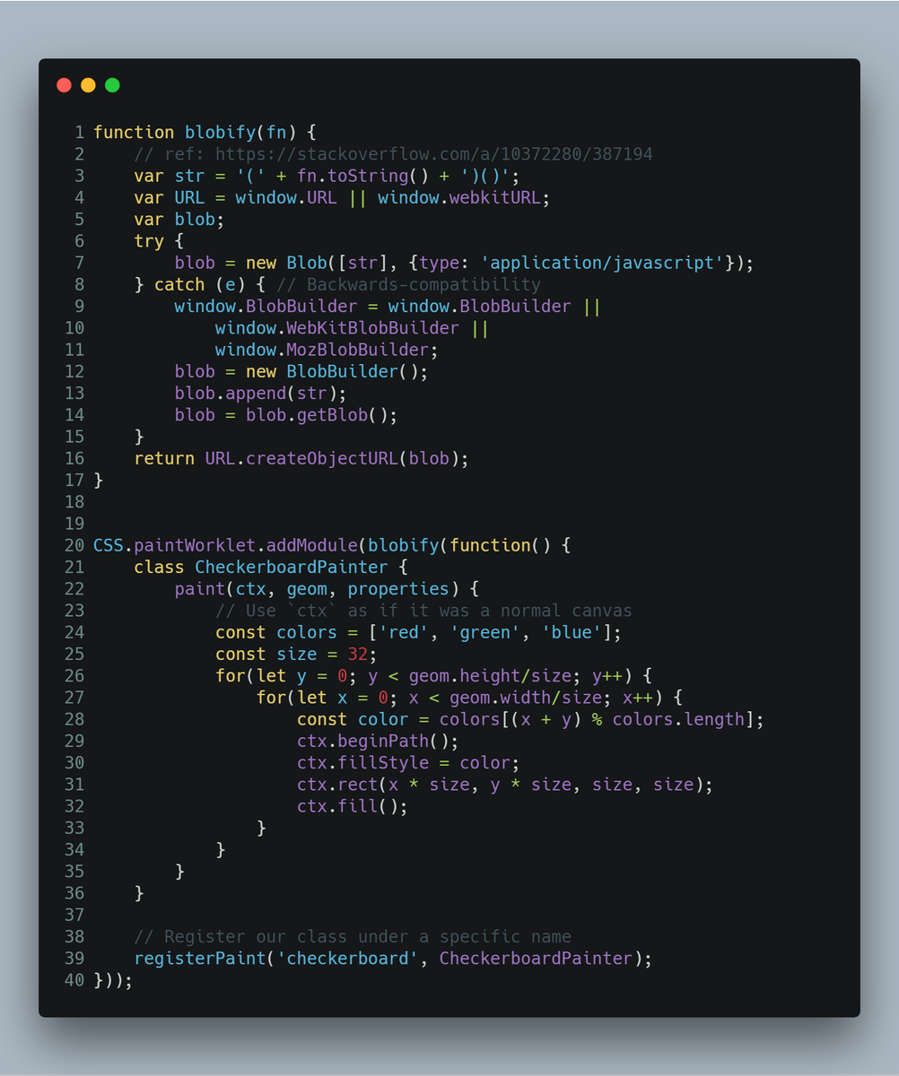 jcubic's tweet photo. TIL: you can use the same trick as with Workers to create Paint worklet from function #Houdini #CSS #JavaScript #webworker #PaintAPI https://t.co/CWlKbMAhZH