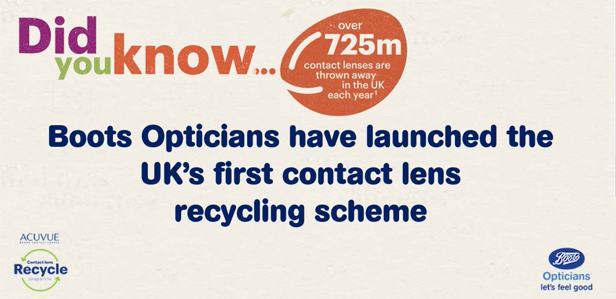 BootsUKNews's tweet photo. #Sustainability is a key focus area at Boots Opticians &amp; @BootsUK. We’re thrilled to be partnering with ACUVUE UK &amp; @TerraCycleUK to launch the UK’s first contact lens recycling programme, providing this service to all soft contact lens wearers, regardless of which brand they use https://t.co/6bRNsMsghs
