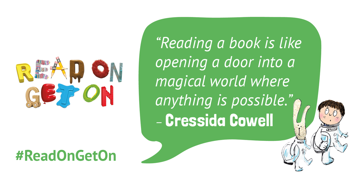 Literacy_Trust's tweet photo. We have lots of great free #ReadOnGetOn resources for schools, including posters illustrated by @CressidaCowell &amp; @LaytonNeal: https://t.co/Smc8DS8c3u https://t.co/DWHH6R8Xjo