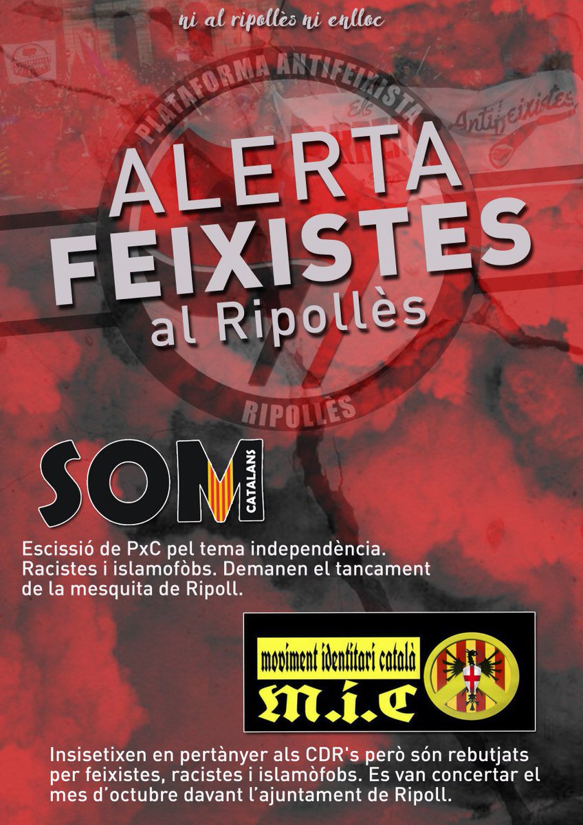 🔴 #AlertaAntifa

Des de la Plataforma Antifeixista del Ripollès volem denunciar la presència de dos grup feixistes a la comarca; el @MICCatalunya i @som_ripoll

Davant el vostre feixisme, ens hi trobareu de cara 👊 Al Ripollès no sou benvinguts.

#RipollèsAntifeixista
