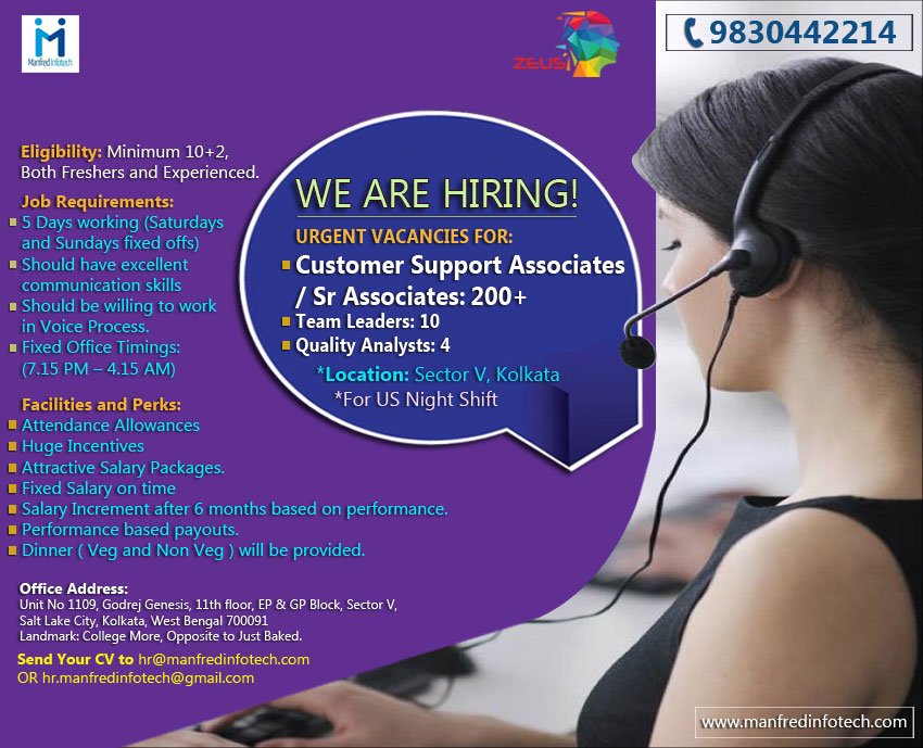 Manfred Infotech (@manfredinfotech) on Twitter photo #JobsinKolkata for Experienced and #Freshers Candidates! #BPOjobs, #CallCenterjobs #Telecallerjobs openings. We are #Hiring for 200+ #CustomerSupport Associates in #Kolkata. Call: 9830442214. Email: hr@manfredinfotech.com Or Visit manfredinfotech.com/career #JobsinKolkata for Experienced and #Freshers Candidates! #BPOjobs, #CallCenterjobs #Telecallerjobs openings. We are #Hiring for 200+ #CustomerSupport Associates in #Kolkata. Call: 9830442214. Email: hr@manfredinfotech.com Or Visit manfredinfotech.com/career
