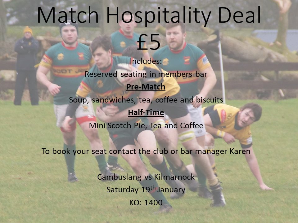This Saturday Cambus take on <a href="/KilmarnockRFC/">Kilmarnock Rugby</a> at Coats Park and for the first time this season have a hospitality deal. Contact the club to book. #Cambuslang #rugby #westrugby #supportlocal