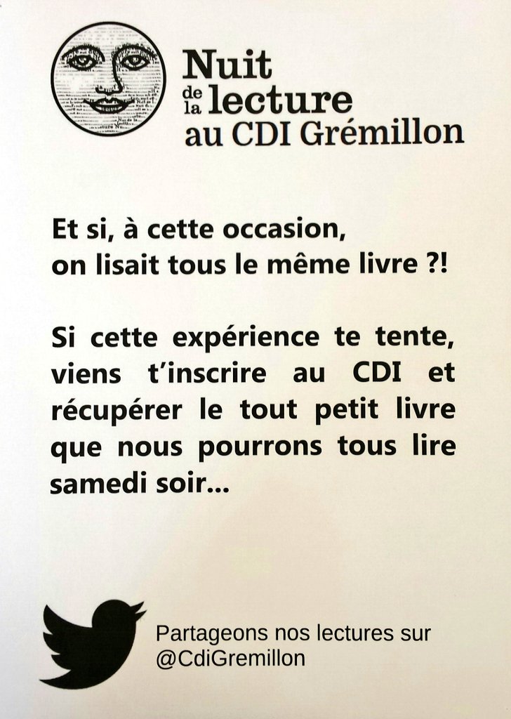 CdiGremillon's tweet photo. #Nuitdelalecture Pour la Nuit de la Lecture, le CDI vous propose une expérience collective à mener de chez vous : et si ce soir, on lisait tous la même chose ? La nouvelle choisie est à retirer au CDI cette semaine. Venez vous inscrire !
#peac #liberteriezlisez https://t.co/aSXy3s0EHr