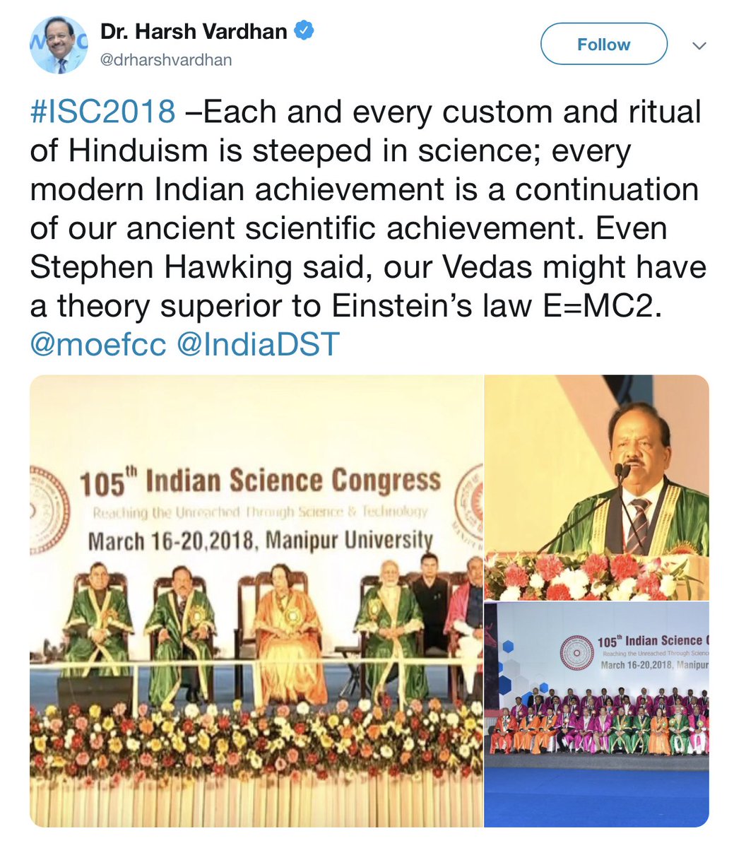 Nirmukta's tweet image. this is what @drharshvardhan claimed at #ISC2018. He outright rejected any questions on his bullshit claims: “When you have failed, then I shall disclose the source of my information.” 

How can you be trusted to deliver scientific content @IndiaDST?