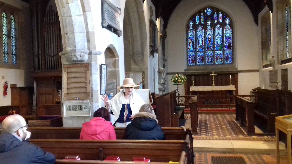 BassetlawDC's tweet photo. Sue Allan of Mayflower Maid Tours telling the story of Richard Clifton to guests from the BBC in beautiful Babworth Church. @PilgrimRoots @NorthNottsBC @mayflower400uk @NorthNottsBID https://t.co/ksrYpDQxIA
