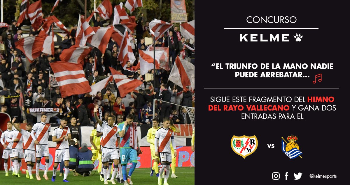 Kelmesports's tweet photo. CONCURSO | ¡Vamos a poneros a prueba! ¿Sabes continuar correctamente esta frase del himno del @RayoVallecano? 🎶 Si aciertas, puedes conseguir dos entradas para disfrutar del #RayoRealSociedad. ¿Te atreves? 😉 Condiciones: comenta, dale 🔁 y síguenos. #VamosRayo ⚡️ https://t.co/yTbttVSruR