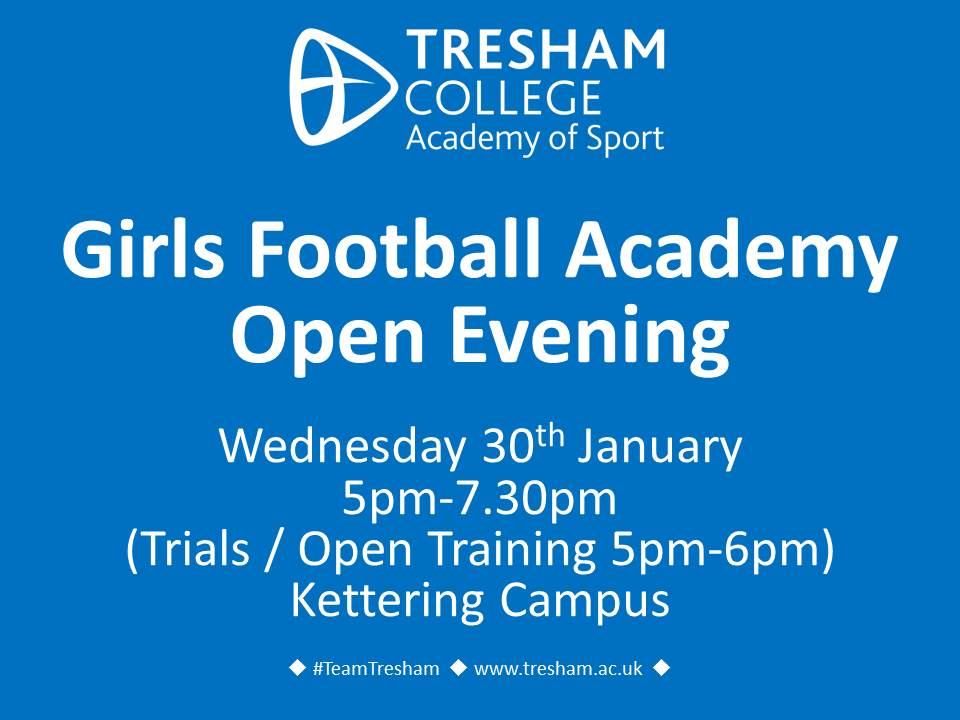 #Football Academy #Trials / Open Training - Wednesday 30/1/19 <a href="/TreshamCollege/">Wonder of U</a> #Kettering Campus followed by the #college open evening
Trials / Open Training @ 5pm
Open Evening @ 6pm-7:30pm
Come and join a College Premier League team and current regional champions