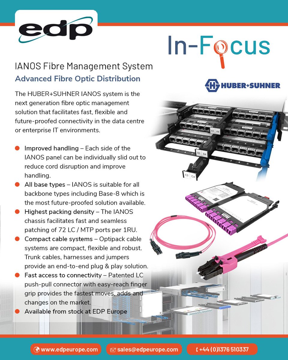 edpeurope's tweet photo. HUBER+SUHNER IANOS the next generation fibre management system, available from stock at EDP Europe - https://t.co/mNJVdlVWsP
#EDPEurope #HuberSuhner #Ianos #DataCentre #FibreManagement #FibreCabling https://t.co/zwKsyjwIFt