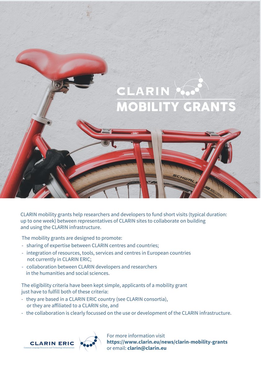 CLARINERIC's tweet photo. Call for Mobility Grant Applications: applications are invited from researchers and developers for the funding of short visits between representatives of CLARIN sites to collaborate on building and using the CLARIN infrastructure. https://t.co/9V63pKyrKX #CLARINMobilityGrants https://t.co/RROlsndxdA