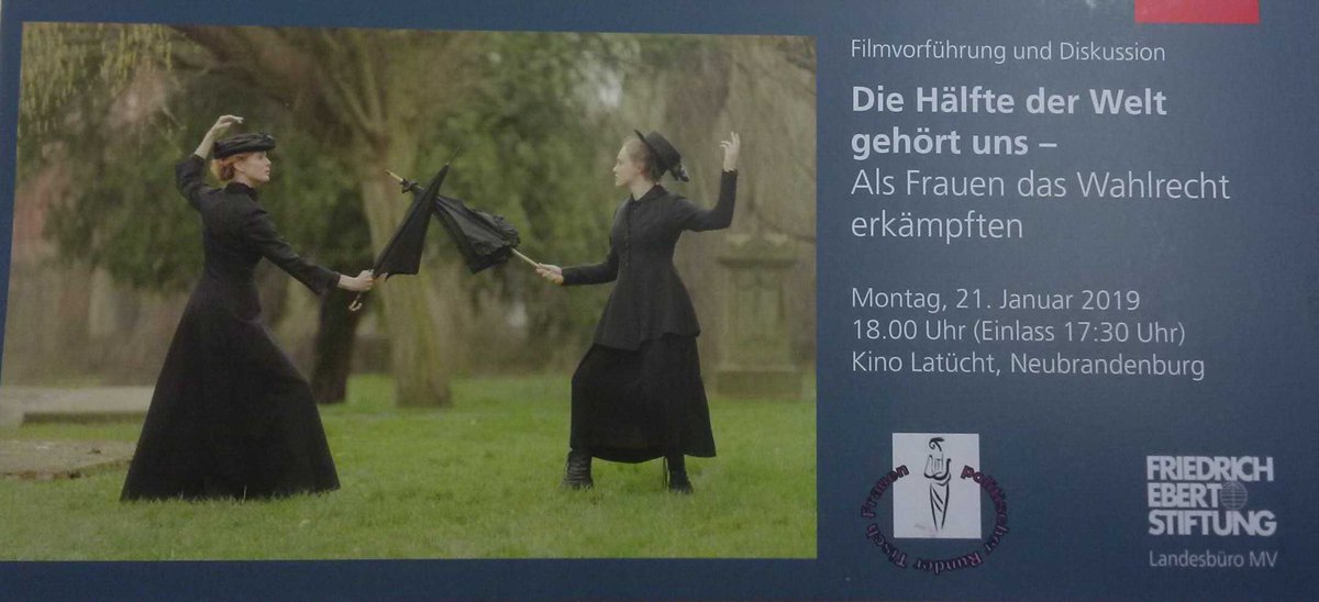 fes_mv's tweet photo. 100 Jahre #Frauenwahlrecht! Mo, 21.1., 18h, sind wir u FPRT #Neubrandenburg mit einem Film + Diskussion im #Latücht https://t.co/d6yNfqYAfx