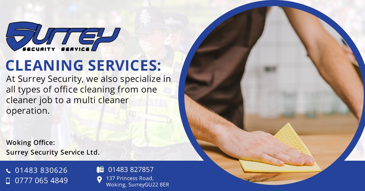bit.ly/2ALBig2
Cleaning Services:

At Surrey Security, we also specialize in all types of office cleaning from one cleaner job to a multi cleaner operation.
#securityservices, #securityguards, #infosec, #officesecurity, #gaurdtraining #securityofficer, #warehousesecurity