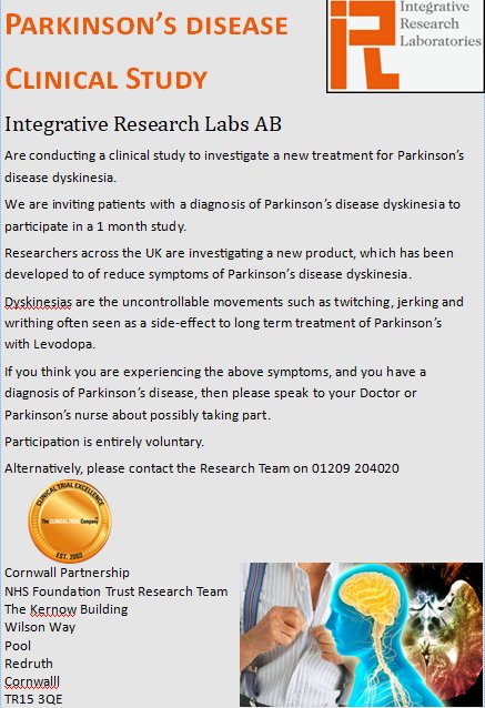 @CPFTResearch Team are pleased to be supporting this clinical trial to evaluate the efficacy of a new drug for patients with #parkinsons disease, who are experiencing #dyskinesia. Please contact the team if interested
#nhsresearch @CornwallFT @NIHRCRN_SWPen @SharonHhealth