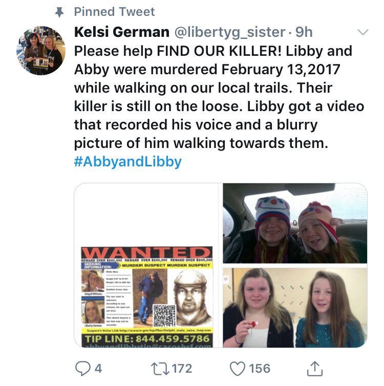 for_myers's tweet image. PLEASE GO AND RETWEET THIS ON @libertyg_sister page! MAKE IT GO VIRAL! Let’s catch Libby &amp;amp; Abby’s killer and get justice! #LibbyandAbby