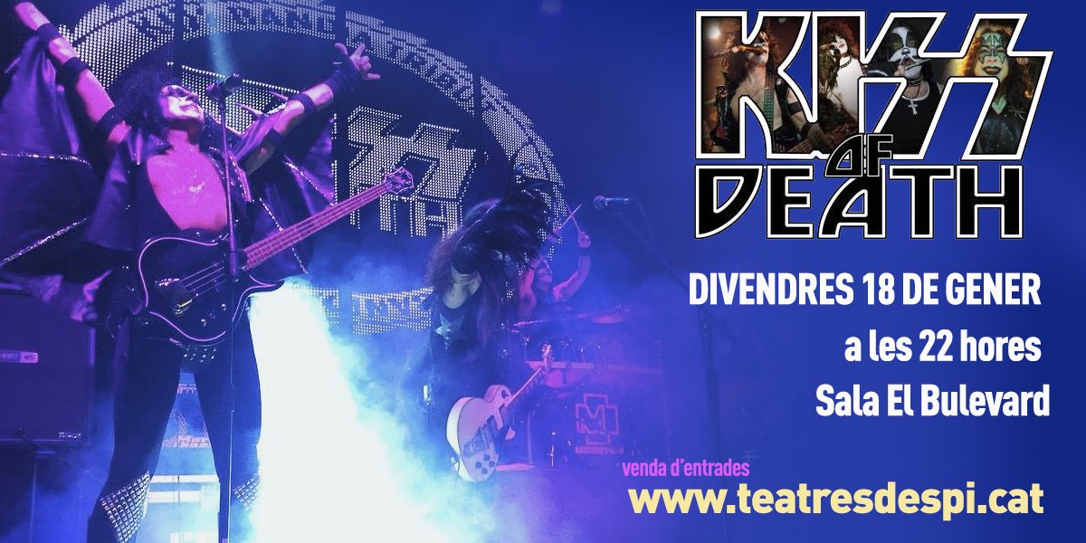 #AgendaSJD Aquest divendres 18, a les 22 h, a la Sala Bulevard de #SantJoanDespí, gran concert tribut a Kiss, una de les bandes més llegendàries de la història del  rock, amb el grup Kiss of death, que ens regalarà una experiència única. 

👉 Entrades a teatresdespi.cat