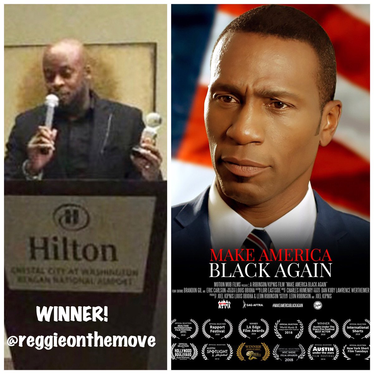 MotionMobFilms's tweet image. Motion Mob Films Congratulates @reggieonthemove for #winning Best Supporting Actor for our #film #makeamericablackagain at #worldmusicandindependentfilmfestival #wmiff directed &amp;amp; #producedby @justleon #joelkipnis @iamcleverchimp