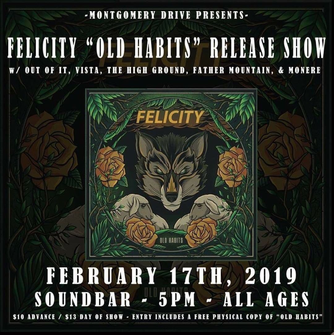 OutOfItPopPunk's tweet photo. We’re absolutely PSYCHED to be supporting @WeAreFelicity at their album release show for Old Habits on February 17th @SoundbarOrl with VISTA, @thgband, @fathermountain, and Monere! Be sure to come out and help us give them a huge congratulations on their release! DM us for tix! https://t.co/XzqX7zDVTN