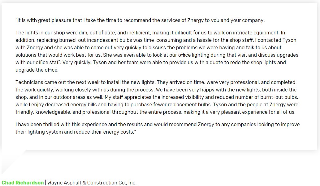 ZnergyI's tweet photo. Need motivation to trust Znergy with your LED lighting conversion? Here's one of our testimonial from a previous client to help persuade you into switching! 

What are you waiting on?! Call, text or email me today!
Work Cell: 574-253-5016
Email: charles.plummer@znergyworld.com https://t.co/l041kpTQih