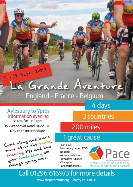 Pace are holding a cycle challenge from The Pace Centre to Ypres from 11th - 15th September 2019. 4 days, 3 countries, 200 miles, 1 great cause! Cross England, France and Belgium and achieve something really special for you personally, as well as the incredible children at Pace!