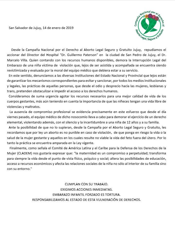 GiselaStablun's tweet photo. El Hospital Dr Guillermo Paterson #Jujuy demora la Interrupción Legal del Embarazo de una niña de 12 años víctima de violación😡
Desde @CampAbortoLegal exigimos que cumplan con su deber y su trabajo y con el derecho de esa niña
#ILEYaEsDerecho
#AbortoLegalYa
#AbortoPorViolación https://t.co/MT8iaIvuiS