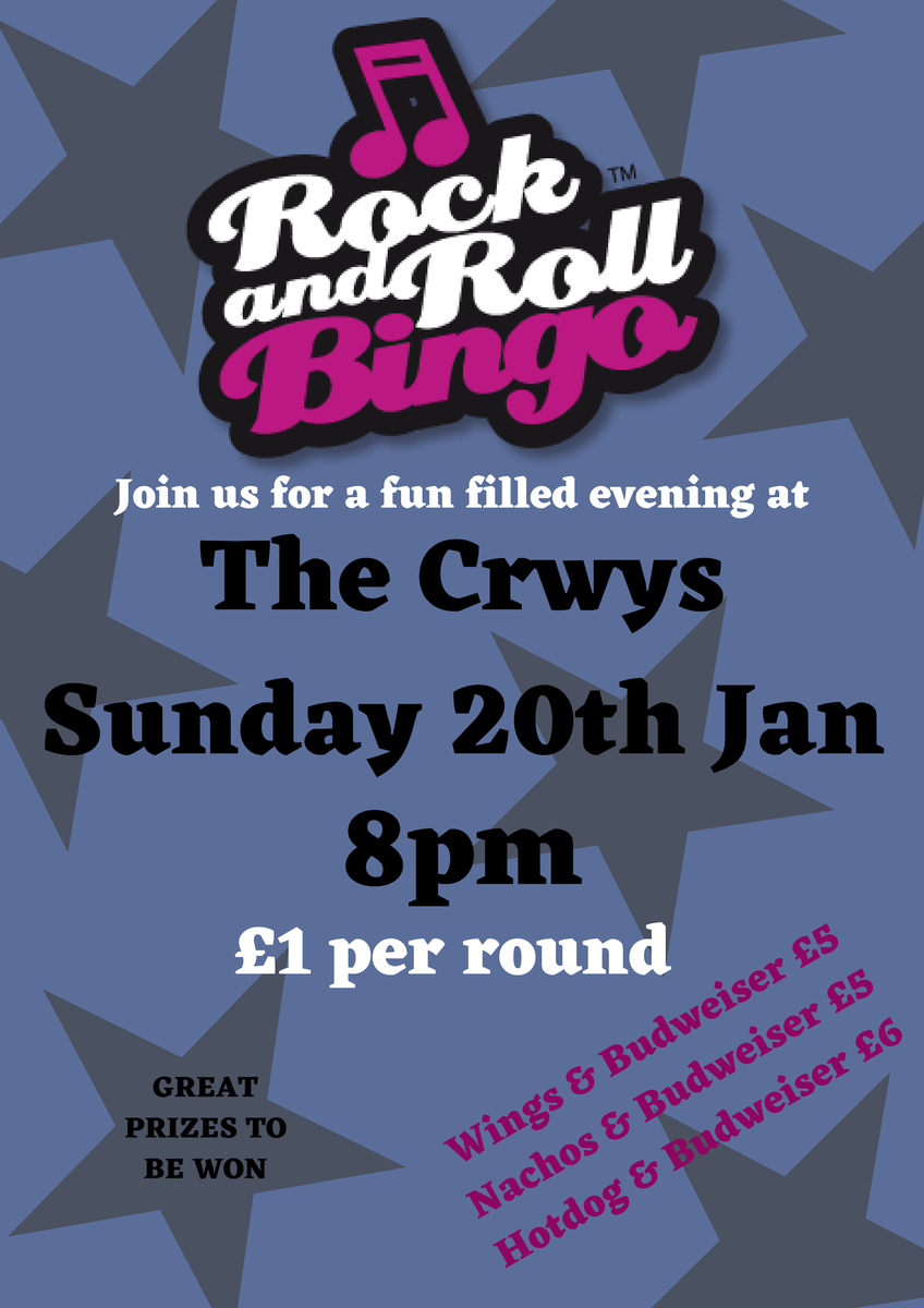 Love bingo? Love music? Join us for a night of Rock 'n' Roll bingo this Sunday at 8pm!! <a href="/RockRollBingo/">Rock and Roll Bingo</a> #RockYoursSocksOff #KeepItCrwys