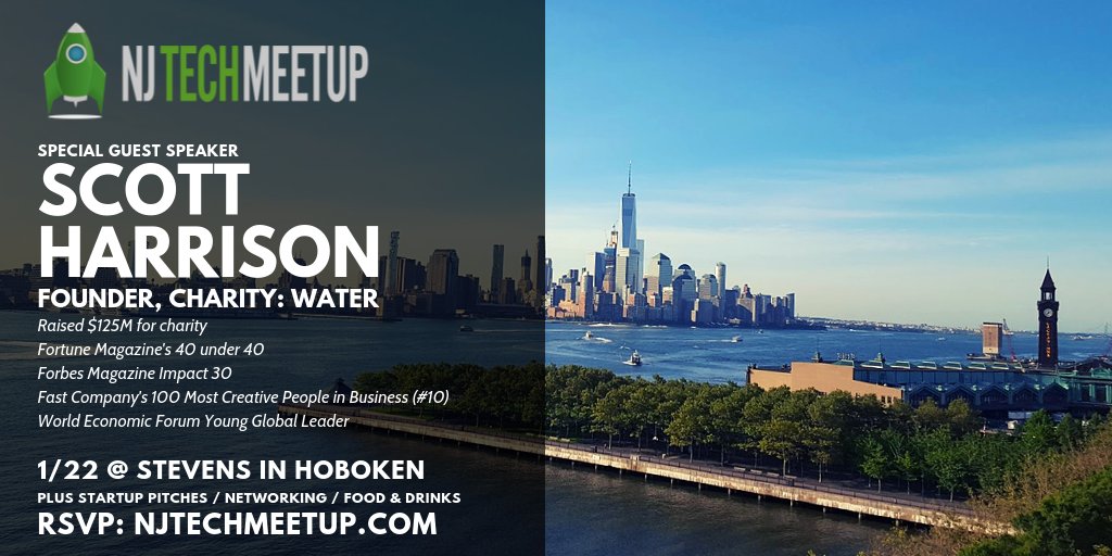 Super pumped to host <a href="/charitywater/">charity: water</a> CEO <a href="/scottharrison/">Scott Harrison</a> at next week's NJ Tech Meetup in Hoboken <a href="/FollowStevens/">Stevens Institute of Technology</a>.

Learn how Scott raised $125M on a mission to bring the world clean water plus the grit/tech that makes it happen. +startups &amp; networking

RSVP: meetup.com/njtech/events/…
