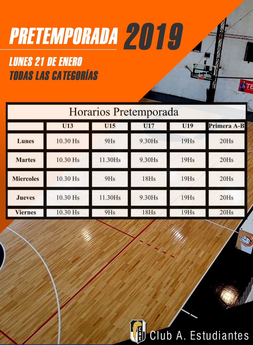 CaeBasquet's tweet photo. HORARIOS PRETEMPORADA 2019
Comienzan los trabajos físicos del año en la sede, acá los horarios para cada categoría.
Súmate al basquet albinegro!
#VamosCAE #Pretemporada https://t.co/G1b4abvrmK