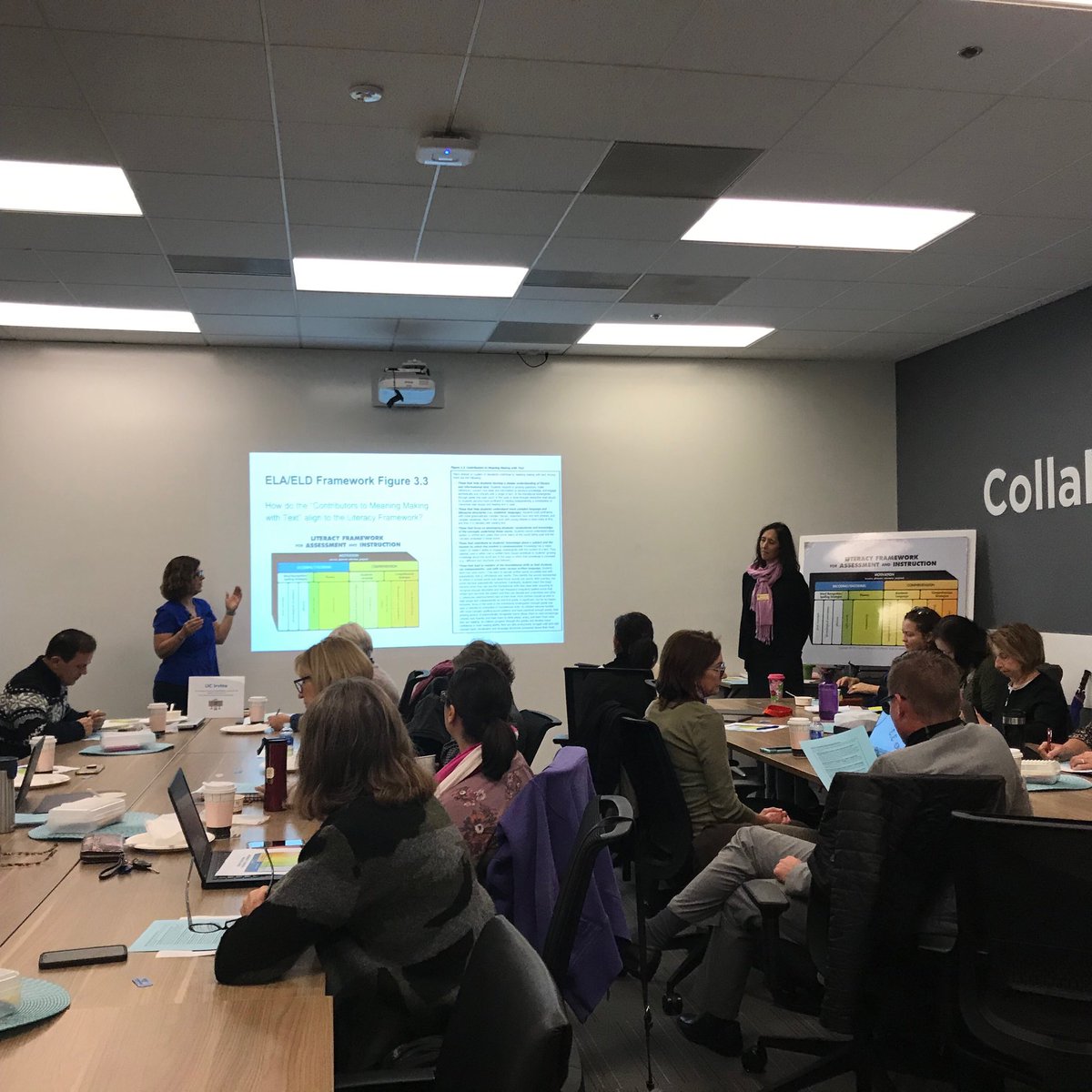 Admin PLC members reading to see how “Contributors to Meaning Making with Text” from the ELA/ELD Framework aligns to the Literacy Framework.