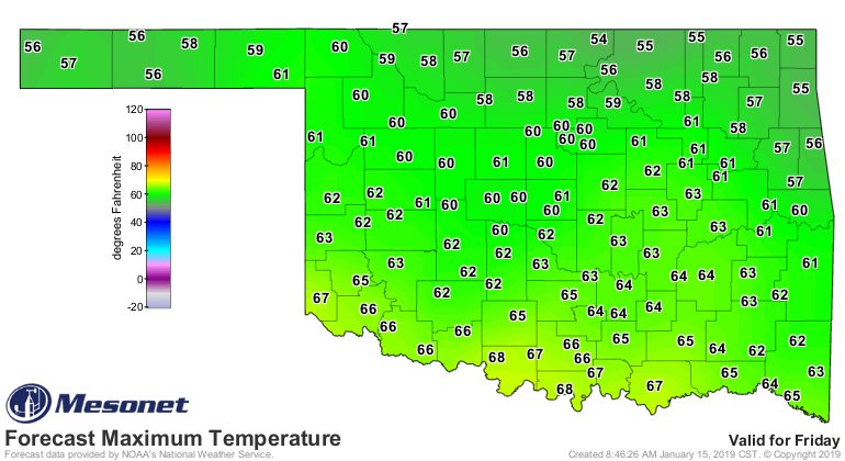 OKClimate's tweet image. A dive in temperatures is expected from Friday to Saturday as an arctic cold front pushes through. Check out the drastically different forecasted highs for each of those days. #Brrr #OKwx #ArcticBlast