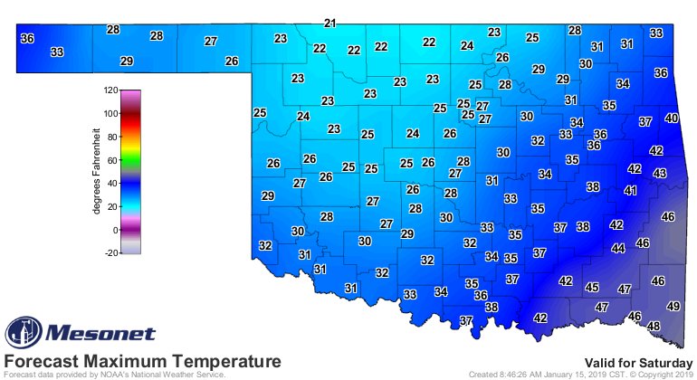 OKClimate's tweet image. A dive in temperatures is expected from Friday to Saturday as an arctic cold front pushes through. Check out the drastically different forecasted highs for each of those days. #Brrr #OKwx #ArcticBlast