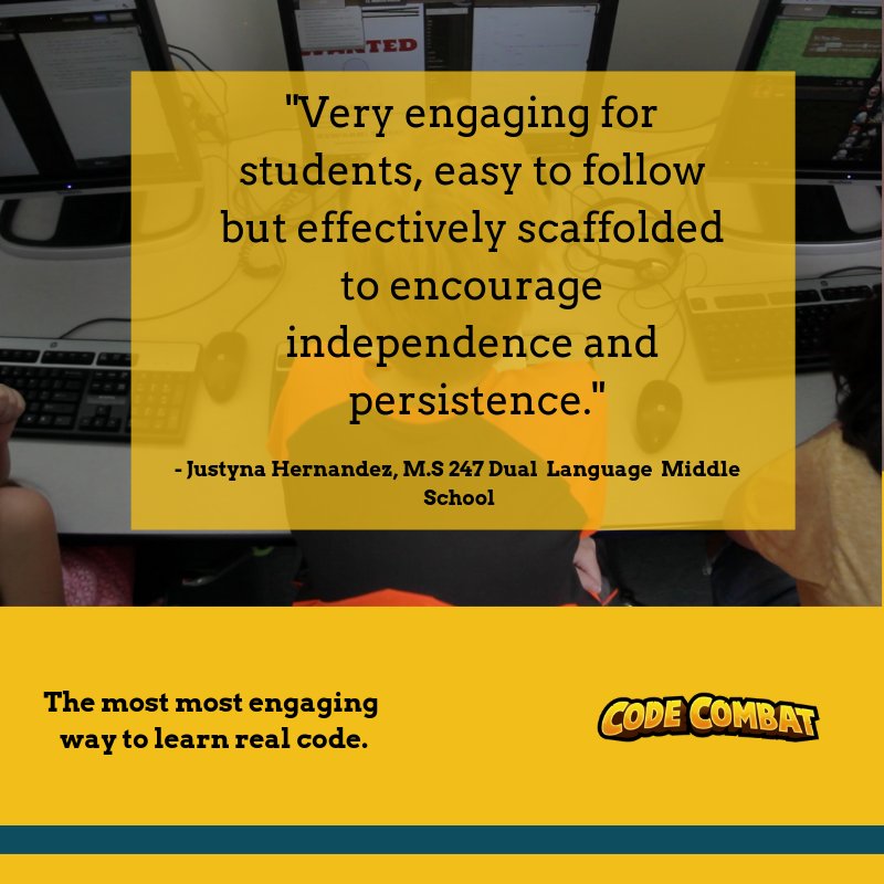 CodeCombat's tweet image. "Very engaging for students, easy to follow but effectively scaffolded to encourage independence and persistence." - Justyna Hernandez @DLMSNYC #realcoding #learntocode
