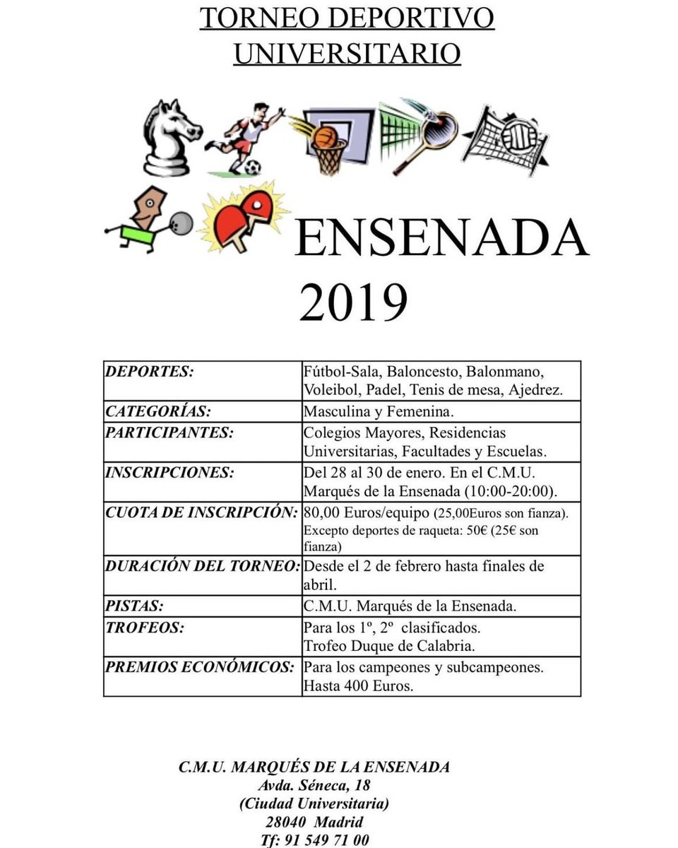 El <a href="/CMUMarques/">MarquésdelaEnsenada</a> organiza su Torneo Deportivo Universitario 2019 con 7 deportes, ambas modalidades.
Si estás interesado con tu equipo en participar, puedes ponerte en contacto con ellos a través del correo: subdirección@cmumarquesdelaensenada
¡Anímate a participar!