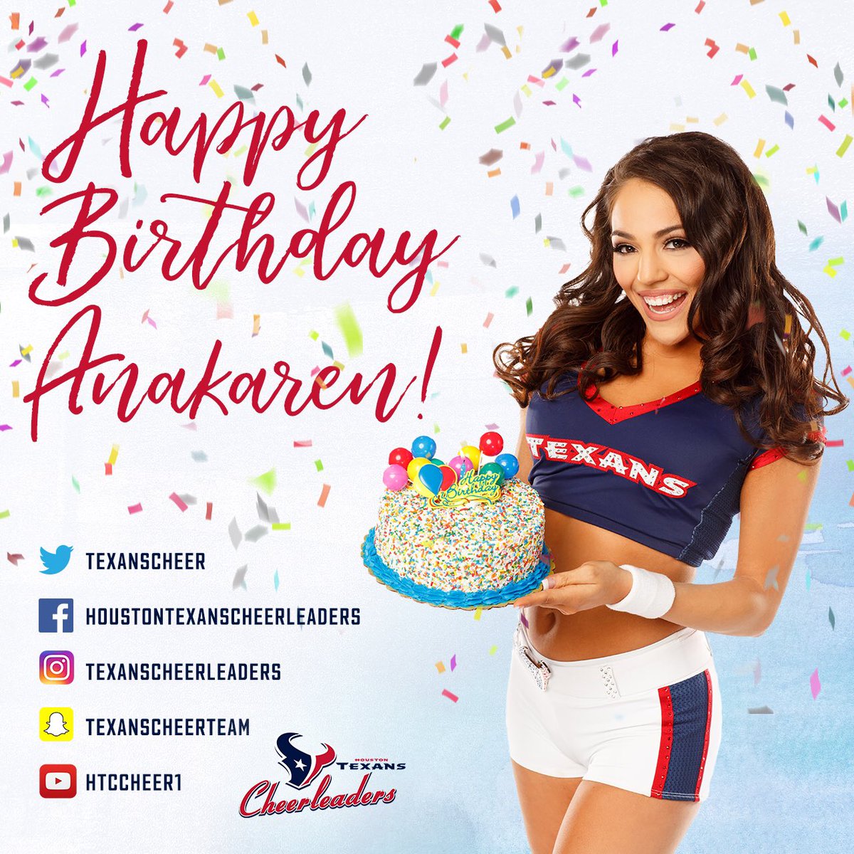 Texans Cheerleaders (@TexansCheer) on Twitter photo 16/01/2019 20:28:02 🎈🎈 HAPPY BIRTHDAY 🎈🎈 Let’s celebrate Miss Anakaren today! 🎈🎈 HAPPY BIRTHDAY 🎈🎈 Let’s celebrate Miss Anakaren today!
