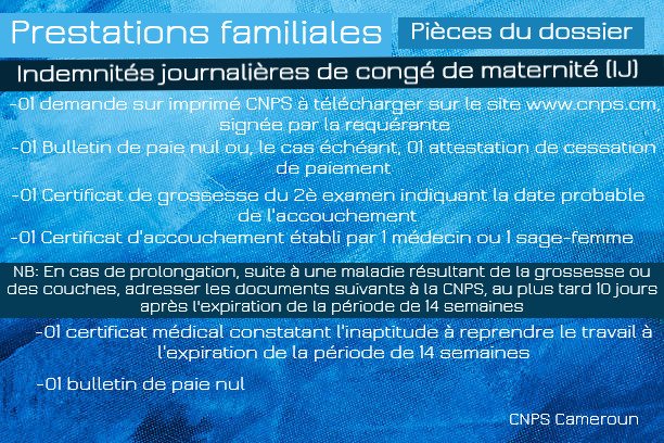 CnpsCameroun's tweet photo. Pièces constitutives du dossier d'Indemnité journalière de congé de maternité (IJ). #PF #CNPS #Cameroun https://t.co/Bn5Kfp13bB