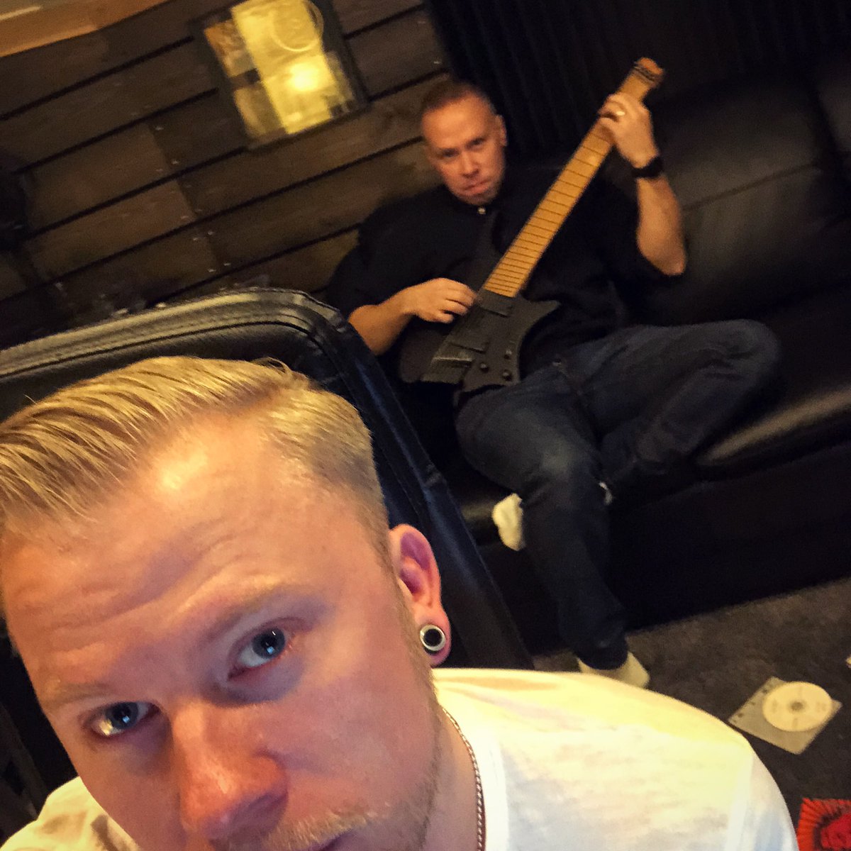 When the drummer is up to something.....😈😂 #drummer #nogood #evil #thatlook #evileyes #chills #horror #watchyourback #lol #thisguy #finish #studio #newsong #play #drummers #guitars #strandbergguitars #singer #scared #musiclife #mylife #myfamily
