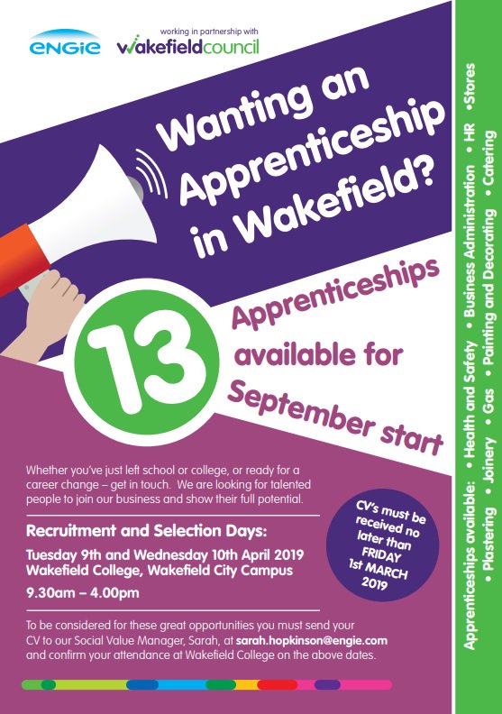In Year 11 or beyond and fancy an apprenticeship in Wakefield? Then take a look at this poster! To apply, complete a CV and send it to the employer by March 1st. Current Year 11’s can visit Mr Green on a Monday in the LRC between 2.45pm and 3.45pm for support with their CV.