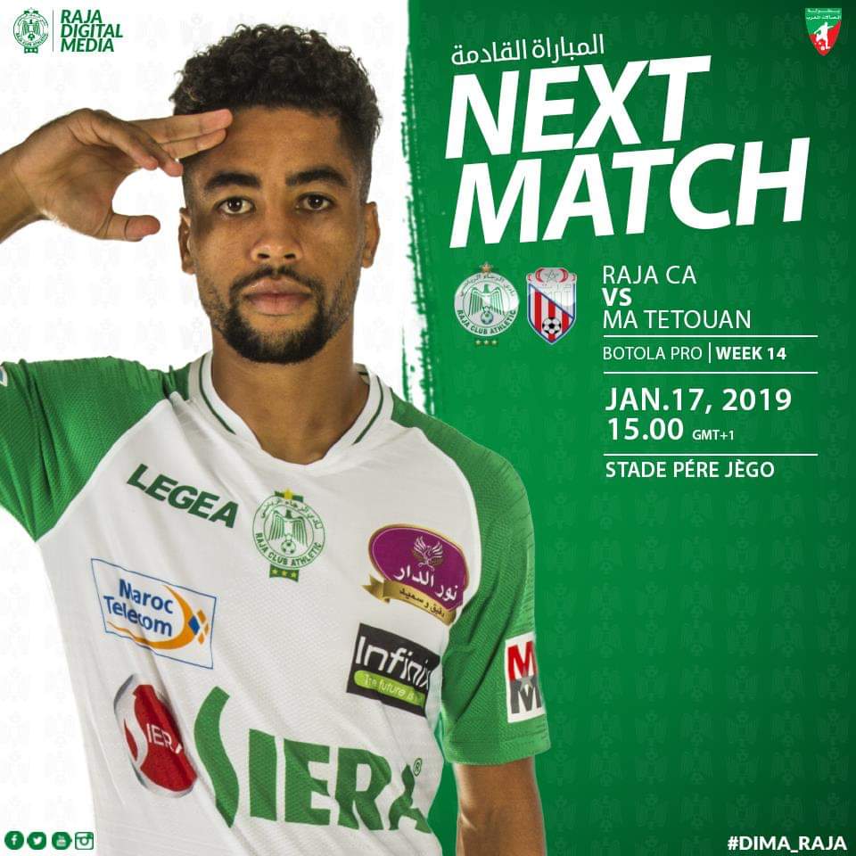 RajaC_A's tweet photo. 🙌 #NEXTMATCH 🙌
⚽ @RajaC_A 🆚 #MATetouan
🏆 #BotolaIAM
⃣ #RCAMAT
🕒 15:00 GMT+1
📆 17/01/2019
📌 StadePÉREJEGO https://t.co/7LCmDhy5dq