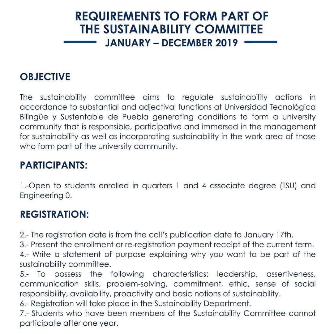 UTBISPuebla's tweet photo. #OrgulloUTBISPuebla #ProudlyUTBIS #Admission2019 #BISmodel #BISuniversities
REQUIREMENTS TO FORM PART OF THE SUSTAINABILITY COMMITTEE JANUARY – DECEMBER 2019 https://t.co/eHAKk3ydOI
