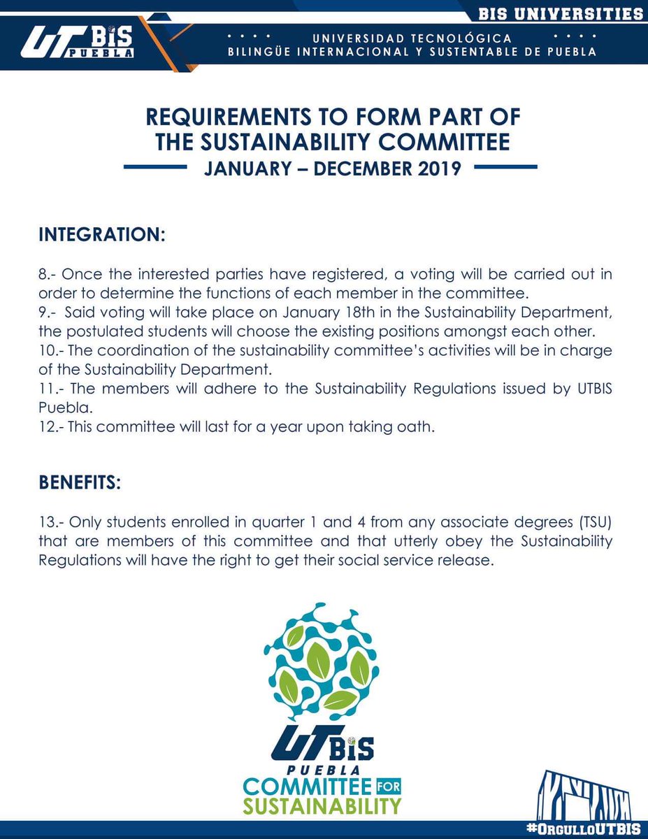 UTBISPuebla's tweet photo. #OrgulloUTBISPuebla #ProudlyUTBIS #Admission2019 #BISmodel #BISuniversities
REQUIREMENTS TO FORM PART OF THE SUSTAINABILITY COMMITTEE JANUARY – DECEMBER 2019 https://t.co/eHAKk3ydOI