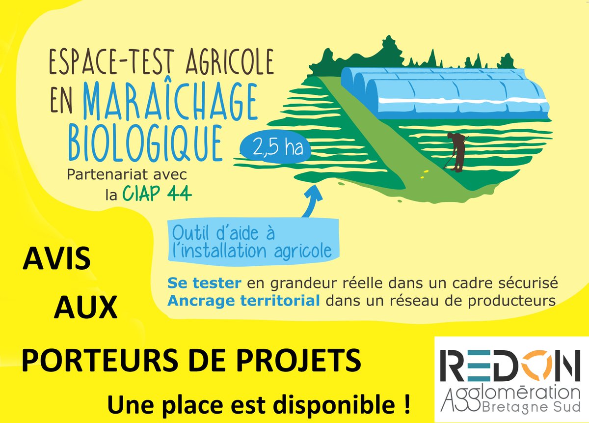 RedonAgglo's tweet photo. [#Agriculture] Une place est dispo sur l’#espacetest agricole de la #ferme de Cranhouët en #maraîchage #bio. L'occasion de tester sa maîtrise du métier avant de s’installer 👉06 73 59 22 61 simon.plessis@ciap-pdl.fr #CIAP44 (Coopérative #Installation en #AgriculturePaysanne) #PAT https://t.co/JBK3QJLQbU